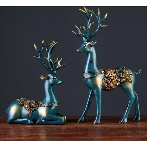 European style 2 Pcs Resin Deer Figurine Statue Home Living Room Decor Crafts Sculpture Creative Gifts Modern Desktop Ornament