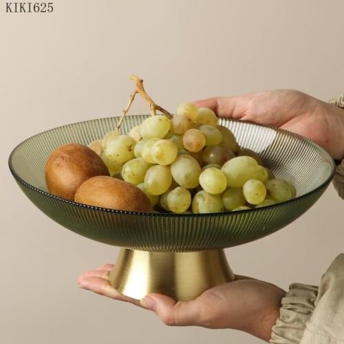 European Style Striped Glass Fruit Plate Electroplated Metal Base Candy Dessert Bowl Home Fruit Snack Plate Home Decoration New
