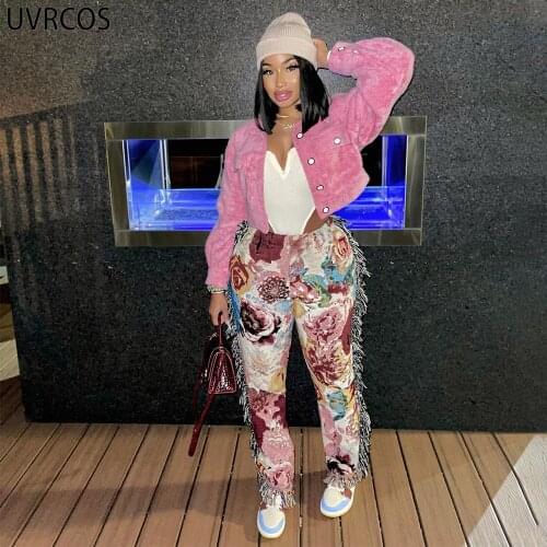 UVRCOS Womens Clothing 2021 Fashion Tassel Pants For Women Summer High Street Straight Patchwork Printing High Waist Long Pants
