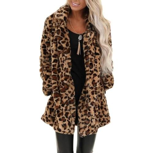 Women Leopard Faux Fur Pocket Fuzzy Warm Winter Oversized Outwear Long Coat Loose Lapel Overcoat Thick Warm Plus Size Coats @40