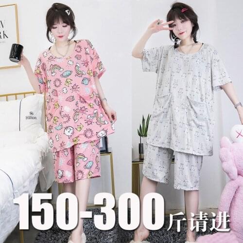 Plus Size Cartoon Short-Sleeved Five-Point Pants Two-Piece Pajamas Women 140Kg Loose Cute Pajamas Home Service Suit 2XL-4XL