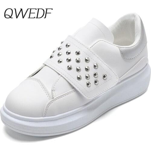 QWEDF 2019 Womens White Vulcanized Shoes Ladies Chunky Trainers Disruptor Hidden Heels Wedge Sneakers Breathable Platform Z4-04