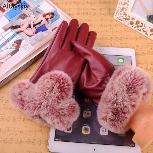 Gloves Women PU Leather Solid Faux Rabbit Fur Patchwork Hairball Pleated Plus Velvet Thicker Water-proof Touch Screen Womens New