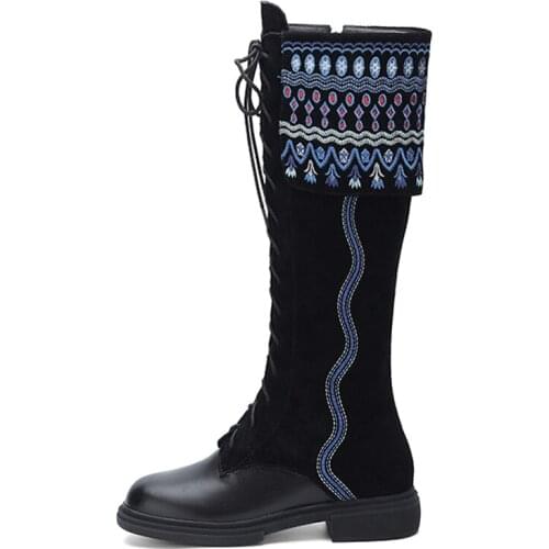 National Style Genuine leather Embroidery Knee High Womens Boots 2021 Autumn Winter New Low-heel Platform Lace up Womens Shoes