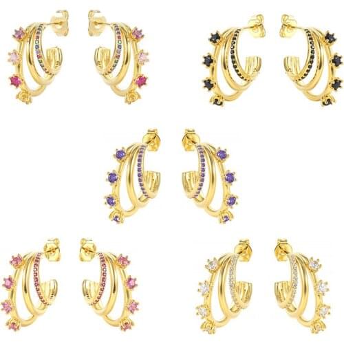 CANNER S925 Sterling Silver Stud Earring Colorful Crystal Piercing Pendientes Black/Purple/White Zircon Womens Earring Jewelry