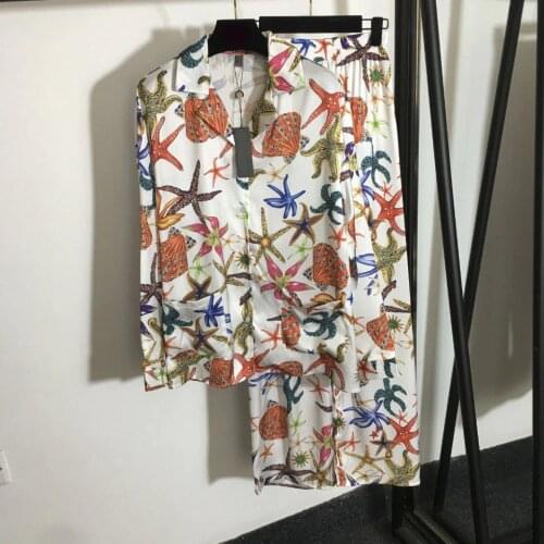 Summer 2021 New Designer womens print long sleeves Shirts+wide-leg pants 2piece set A341