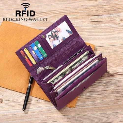 Genuine Leather Ladies Long Wallet with Photo Card Holder Large Capacity Cowhide RFID Clutch Bag with Zipper Coin Pock Phone Bag