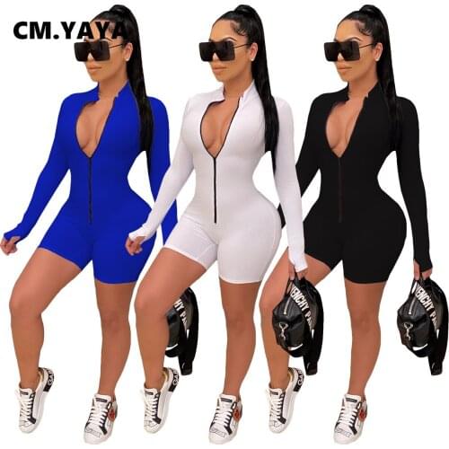CM.YAYA 2021 Women Full Sleeve V-Neck Bodycon Bodysuit Jumpsuit Zipper Knitted One Piece Overalls Active Romper Playsuits