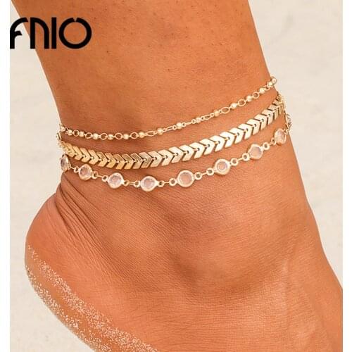 FNIO Crystal Sequins Anklet Set for Women Beach Foot Jewelry Vintage Statement Anklets Boho Style Jewelry Summer Party 3pcs /Set