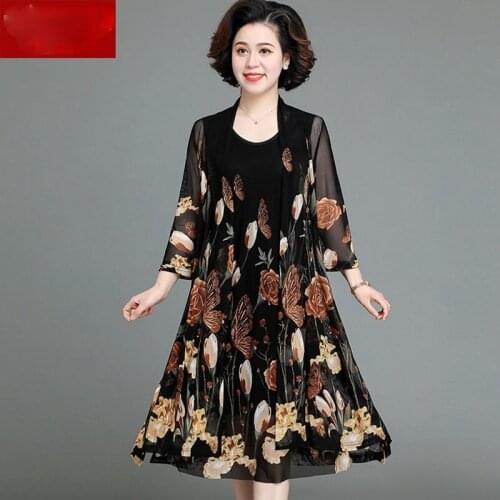 2021 Spring Summer Middle-aged Women Two Piece Midi Dress Vintage Plus Size Printed Elegant Loose Dresses Party Vestidos X84
