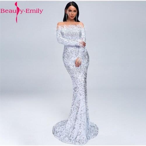 New Arrival Elegant Boat Neck Mermaid Evening Dresses with Feather Fashion Long Sleeve Dress with Sweep Train Sexy Clubwear