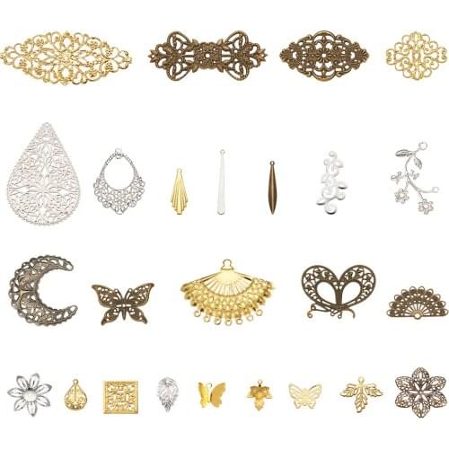 1SetIron Filigree Stamping Joiners Link Computer Beaded Patch Brass Charms for Jewelry Making Pendant Random Mixed Shapes Colors