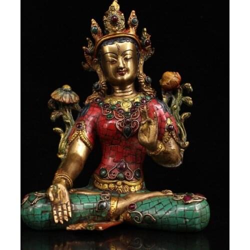 10" Nepal Buddhism Temple Old Bronze gem Painted outline in gold Green Tara Buddha Statue Avalokitesvara Enshrine the Buddha