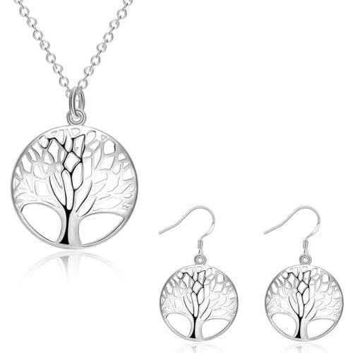 2016 New Design Silver color tree pendant necklace & earrings sets fashion jewelry party gift for woman good quality S828