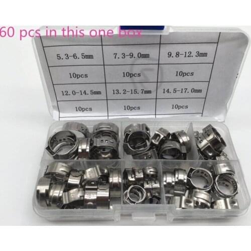 Free shipping Pipe Clamp High Quality 60 PCS Stainless Steel 304 Single Ear Hose Clamps Assortment Kit Single with box