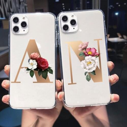 Initial Letter A Z Phone Case For iPhone 11 Pro Max X XR XS Max 8 7 6s Plus SE Flower letters Texture Couples Soft TPU Cover