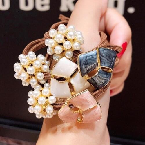 Alolly Pearl Shinny Flower Elastic Hair Band Frosted Hair Accessories For Girls Handmade Hair Tie Head Band Rubber Band