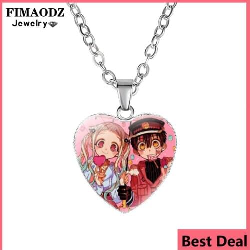 FIMAODZ Trendy Toilet Bound Hanako Kun Necklace Cartoon Anime Figure Glass Cabochon Heart Pendant Silver Chain Necklaces