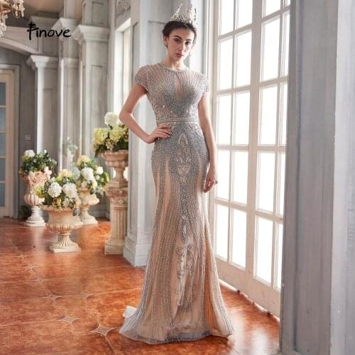 Finove 2020 New Evening Dresses Long Short Sleeves With Luxury Beaded Floor Length Sexy Mermaid Dress Party Gowns For Woman