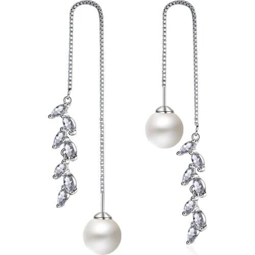 2018 Asymmetry Design 925 sterling silver Zircon Pearls Dangle Earrings for Women Box Chain Long Tassel Earring Jewelry