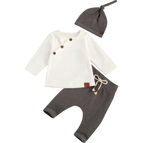 New Baby Top Lace-up Pants Suit, Retro Slant Buttons Round Neck Long Sleeve Blouse, Round Hat 3pcs Clothes