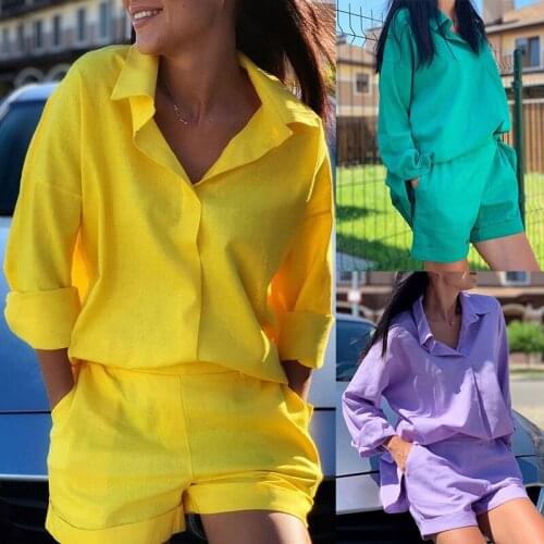 Summer suit fashion solid color polyester loose large size lapel long-sleeved shirt shorts 2-piece womens summer suit