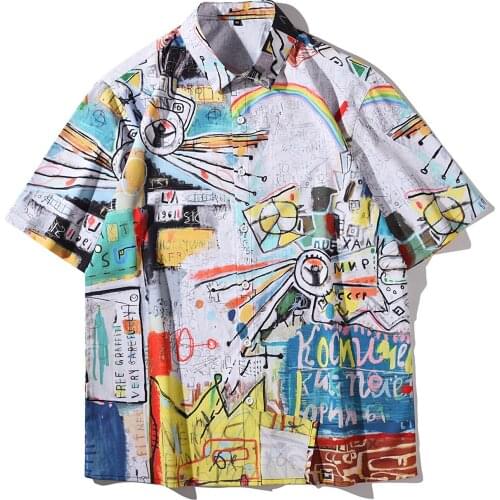 Fashion Japanese Printed Shirt Mens Short Sleeve Large Size Casual Cardigan Lapel Top Summer Youth Loose Shirt Summer