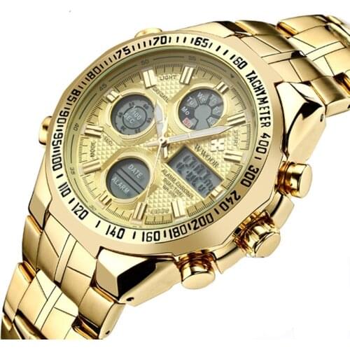 WWOOR 8019 Fashion Men Multifunctional Mens Sports Watch Electronic Dual Display Waterproof Stainless Steel Male Wristwatches