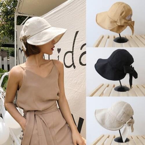 CYGJFC Woman Cotton Summer Hemp Bucket Hat Sunscreen Cap Beach Outdoor Panama Bowknot Gorro Foldable Sun Hat Breathable Headwear