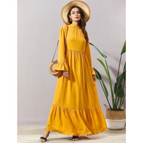 Maxi Dress Yellow Stand Collar Long Sleeve High Waist Swing A Line Dresses Elegant Muslim Women Clothing 2020 New RH545