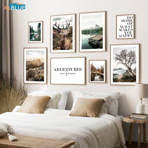 Clear Lake Landscape Sunrise Poster Boat Pier Wall Art Adventure Decorative Picture Deer Canvas Painting Nordic Print Home Decor