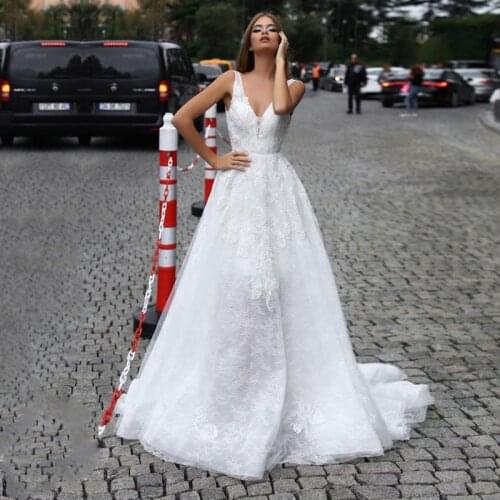 Eightale Boho Wedding Dress with Detachable Skirt V-Neck Appliques Bohemian Wedding Gown White Ivory Lace Bridal Dress