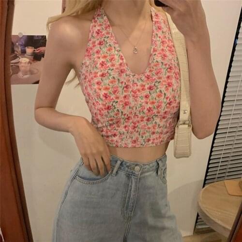 Korean Style Kawaii Floral Print Crop Top Sexy Women Slim Fit Backless Bandage Camis V-neck Top Sweet Girl Mini Vest Streetwear