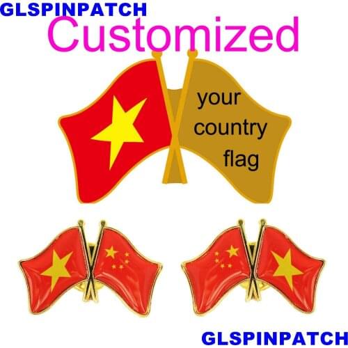 Vietnam Crossed Friendship Flag Double Country lapel pin Brooch USA UK France Chile Russia Saudi Arabia Japan Spain Badge