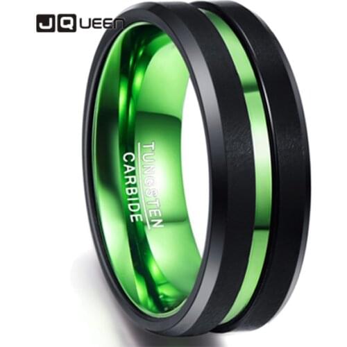 High Quality Mens Black Matte Finish Tungsten Carbide Ring Green Center Groove Polished Beveled Edges Comfort Fit Size 6-16