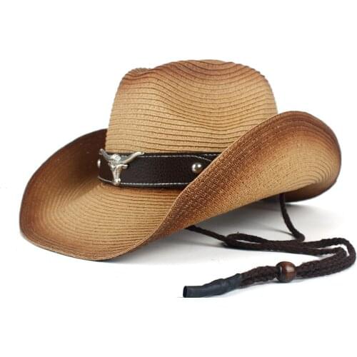 Women Men Hollow Western Cowboy Hat Lady Summer Straw Bull Head Sombrero Hombre Beach Cowgirl Jazz Sun Hat Size 57-59CM