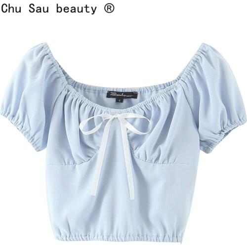 New 2020 Casual Chic Bow Puff Sleeve Solid Women Crop Top Holiday Style Fashion V-neck Short Blouses Female Ropa Mujer