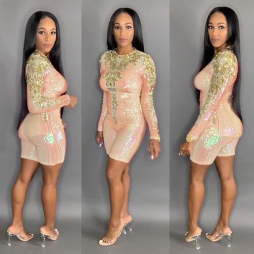 BKLD Women Romper Fashion Sequined Bodycon Long Sleeve Bodysuit Jumpsuits 2019 Autumn Clubwear New O-Neck Short Jumpsuit Romper