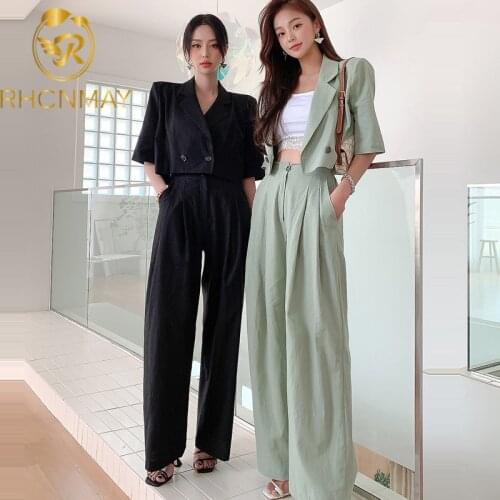 New Occupation 2-piece Suits Women 2021 Summer Elegant Lapel Short Crop Top & Simple Button Long Pants OL Work Set