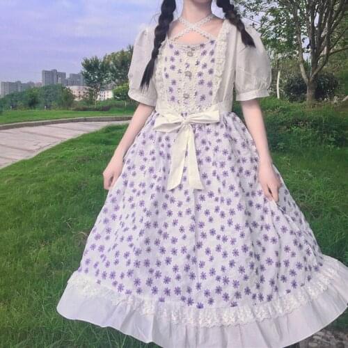 Japanese-Sweet Floral Square Collar Puff Sleeve Waist Hugging Backless Strap Non-Mainstream Daily Lolita Dress Female Summer