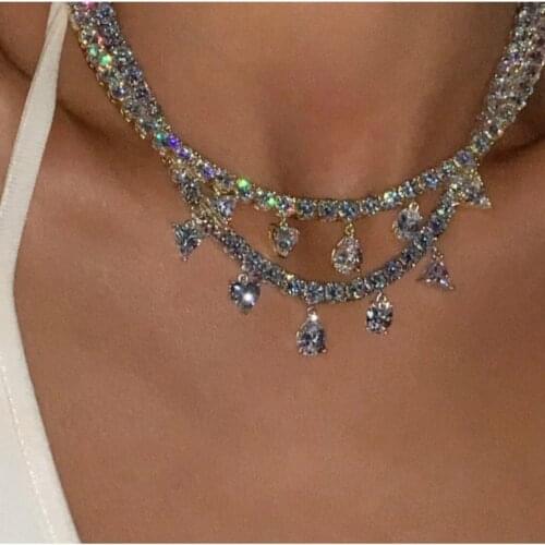 Iced out sparking bling cubic zirconia women fashion heart triangle oval tear pendant tennis chain charm choker necklace jewelry