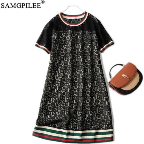 European Station Summer Women Dress 2021 New Water-soluble Crochet Lace Stitching Contrast O Neck Short Sleeve Dresses Plus Size