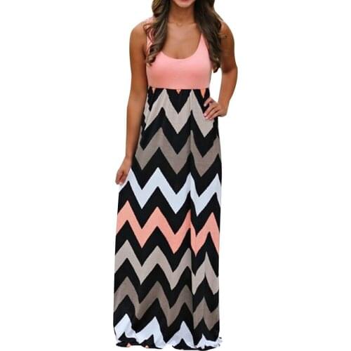 Women Casual Striped Print Sleeveless Maxi Long Dress Summer O-Neck Straight Dresses Temperament Fashoin Sundress Vestidos Robes