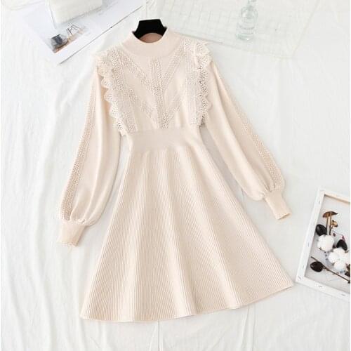 2021 Autumn Winter Knitted Sweater Dresses Women New O-Neck Long Sleeve Fashion Ruffle Dress Female Vintage Loose Vestidos H1156