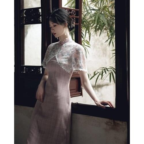 Fashion Elegant Pink Lace A-Line Qipao Vintage Mandarin Collar Cheongsam Vestidos Formal Dress Chinese Style Dress for Women