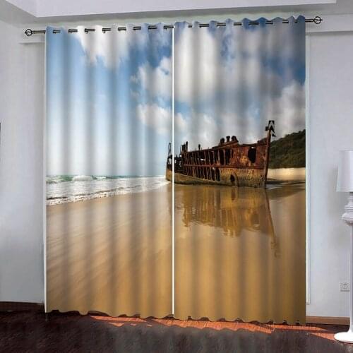 3D Digital Print Dilapidated steamship on the beach curtain For Living Room Bedroom Home Decoration Custom Curtains