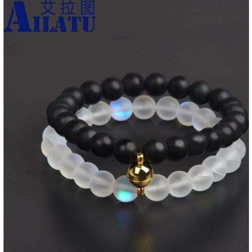 Ailatu Wholesale Gold Attract Couples Bracelets 8mm Glass Flash Stone Beads White & Black Long Distance Love Jewelry