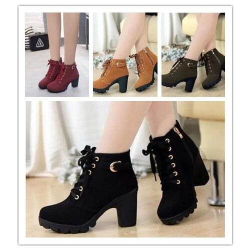 4COLOES NEW Autumn Winter Thick Heels High Quality Solid Lace-up PU Fashion Womens Boots Thick Heels and Boots 35-41
