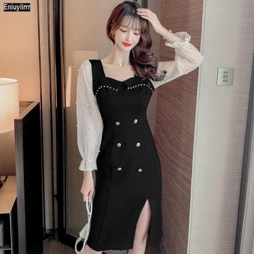 Black Elegant Split Hem Party Vestidos Women Autumn Square Neck A Line High Waist Vintage French Style Dress