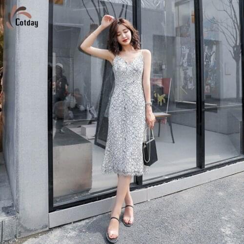 Cotday Fit And Flare Sleevless Spaghetti Strap Korean Style V-Neck Fashion Lady Party Slim Long Low Cut Casual Girl Dress